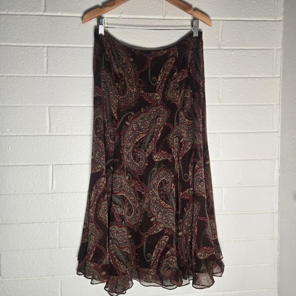 Lauren Ralph Lauren Dresses & Skirts - Vtg Lauren Ralph Lauren Paisley Silk Skirt 8 Brown Chiffon Midi Boho Romantic